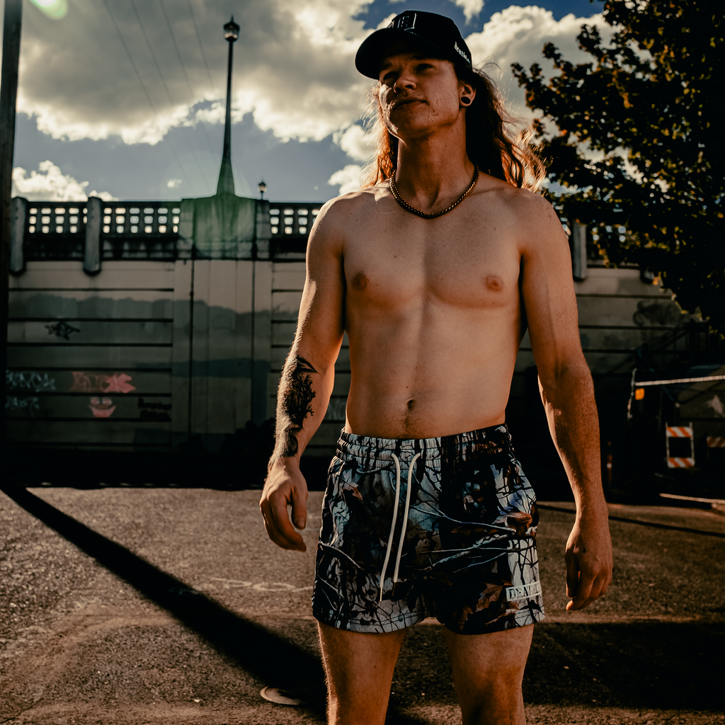 "FOREST CAMO" MID THIGH CUT SHORTS