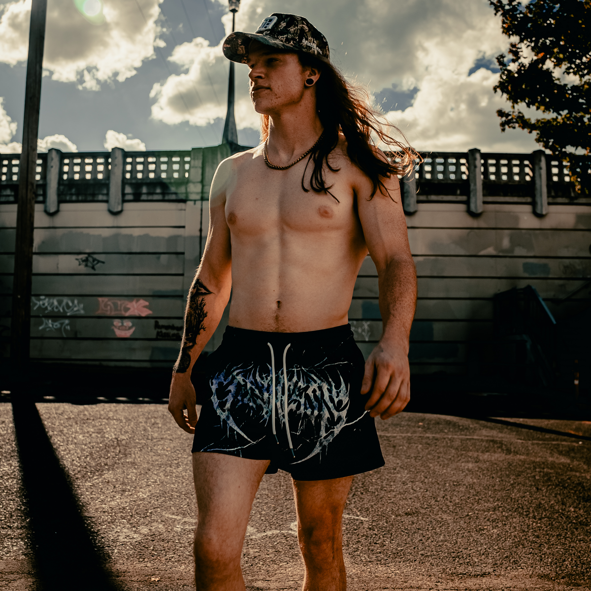 "DEATH" MID THIGH CUT SHORTS
